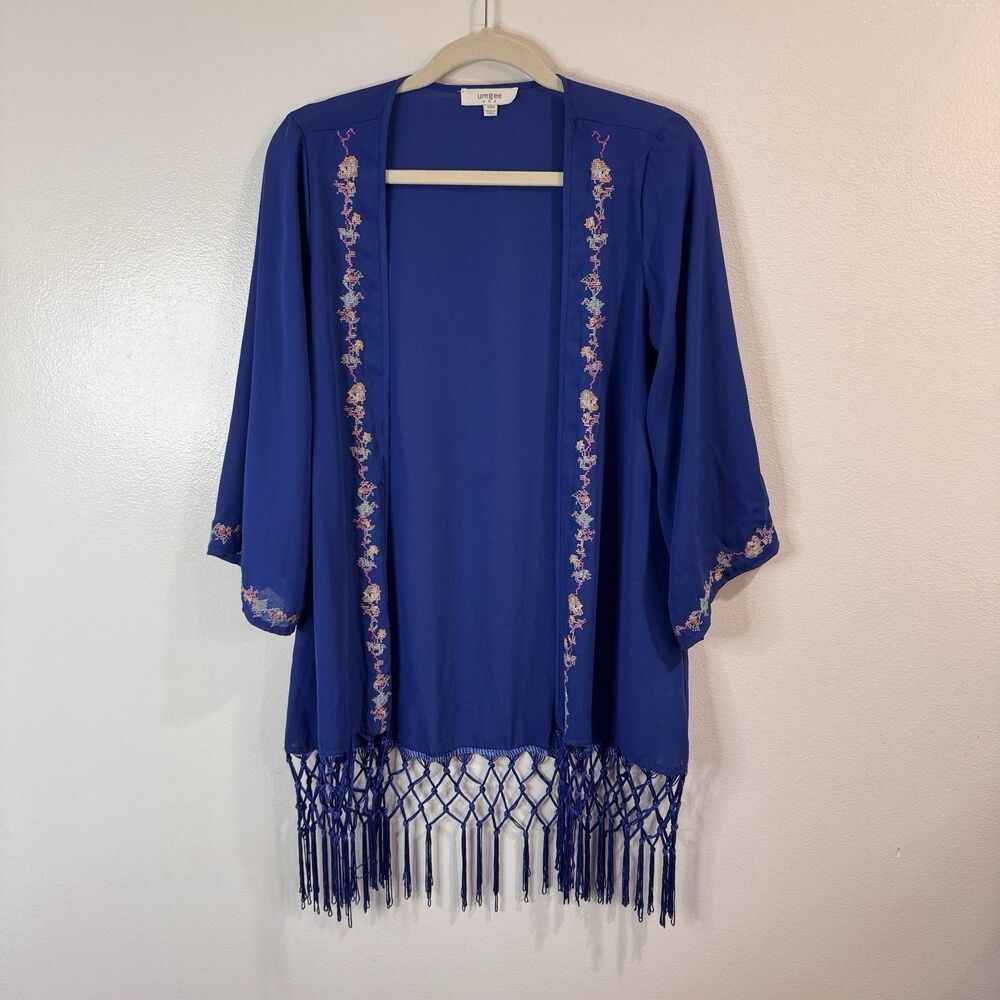 Umgee Kimono Cardigan S / M Chiffon Blue Floral Embroidered Crochet Fringe Boho